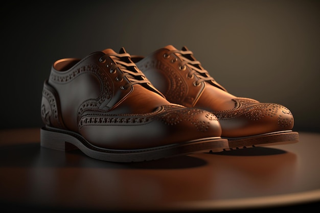 A pair of brown shoes with a pattern of laces on the bottom.