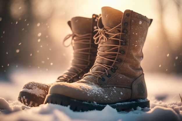 A pair of brown timberland boots are standing in the snow.