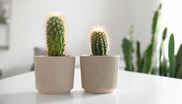 pair of cacti in stylish pots on white table for elegant botanical decor display