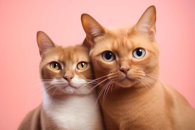 Pair of cats ginger Abyssinian and beige sitting close to each other on pink background