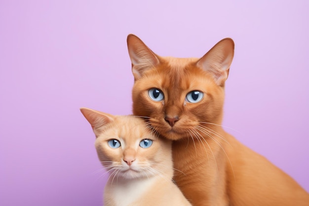 Pair of cats ginger and beige sitting close to each other on violet pink background