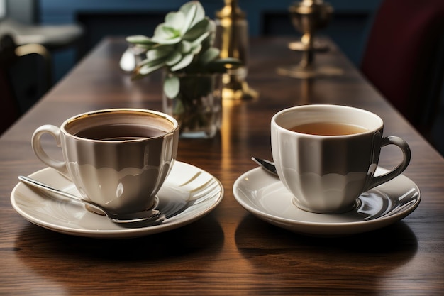 A pair of ceramic tea cups sit on a sturdy wooden table