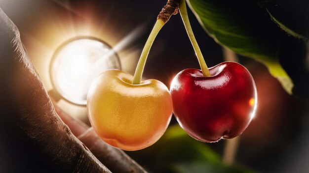 Photo a pair of cherries are on a branch with the sun behind them