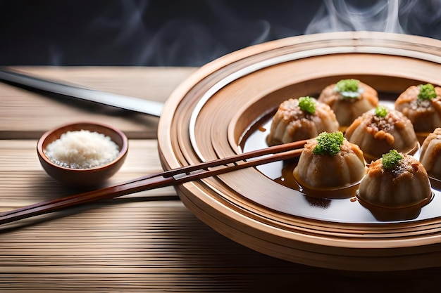 a pair of chopsticks with chopsticks on a wooden table.