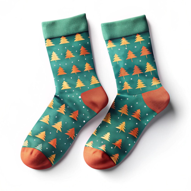 a pair of christmas socks with trees on them