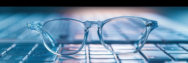 Photo a pair of clear eyeglasses rest on a laptop keyboard the background is blue and white suggesting daylight generative ai