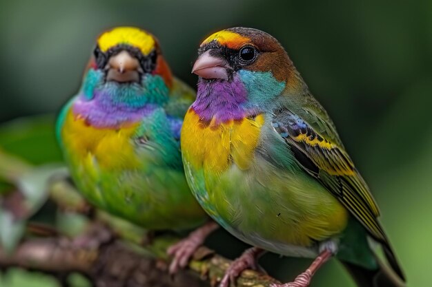 A pair of colorful gouldian finches perched on branches with vibrant green and yellow feathers and