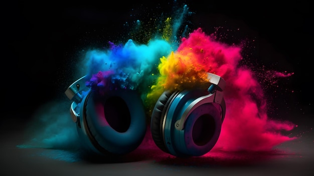 A pair of colorful headphones with the word music on it