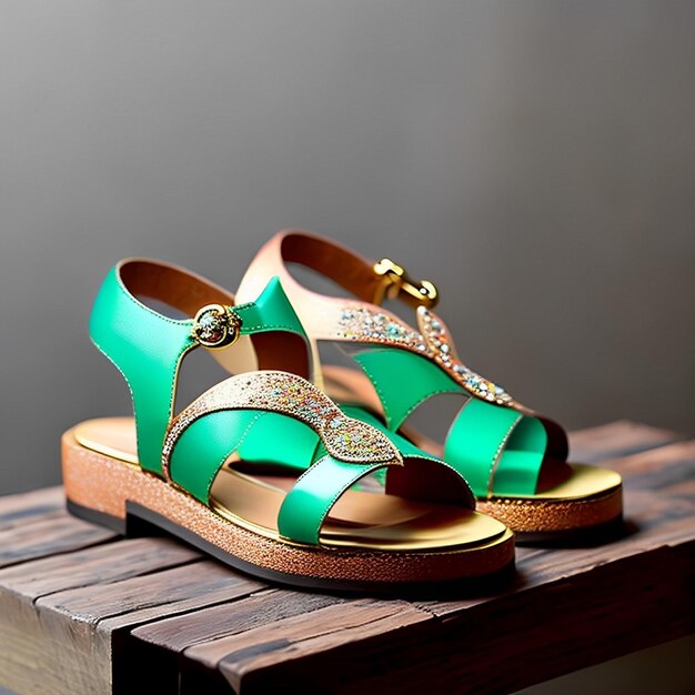 A pair of colorful sandals with a green tag that says'love'on it.