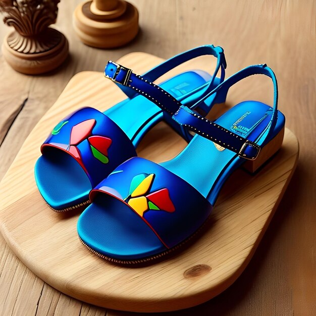 A pair of colorful sandals with a wooden base and a wooden base.