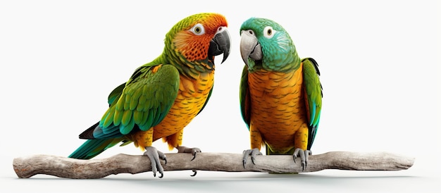 Pair of Colorful Sun Conure beautiful yellow parrot birds isolated on white background