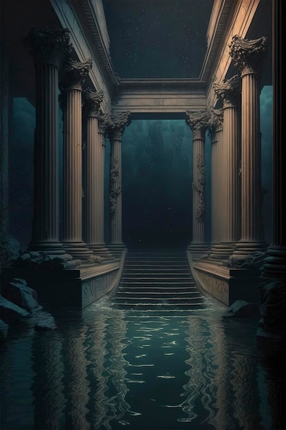 Pair of columns and steps behind the dark pool