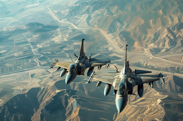 Photo pair of combat fighter jets conduct intense air combat training mission equipped with weapons