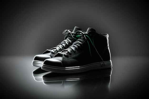 A pair of converse shoes with green laces are sitting on a reflective surface.