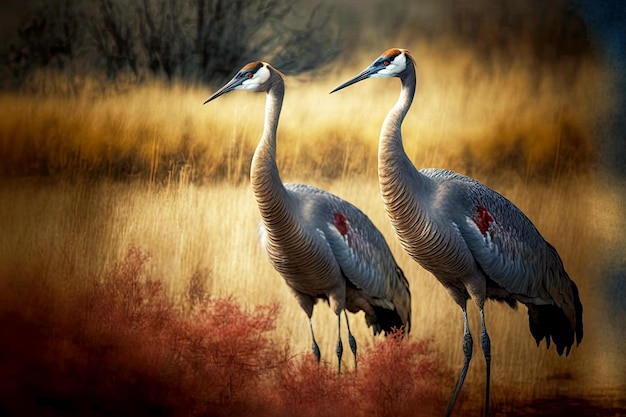 Pair of crane bird with gray variegated plumage on shore of pond