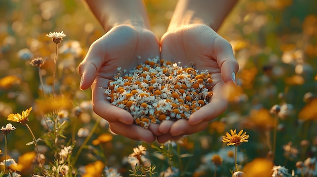 Photo a pair of cupped hands holding a collection of dried herbs and wildflowers with blurred natural background