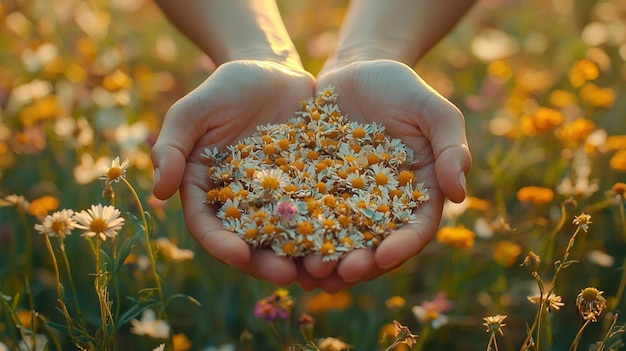 Photo a pair of cupped hands holding a collection of dried herbs and wildflowers with blurred natural background