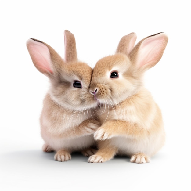 Pair of cute easter bunny kissing each other on white background