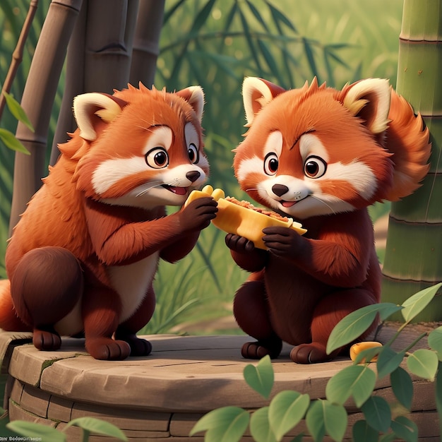 A pair of cute red pandas cat unicorns hedgehog sharing a bamboo snack fish playing with his mom