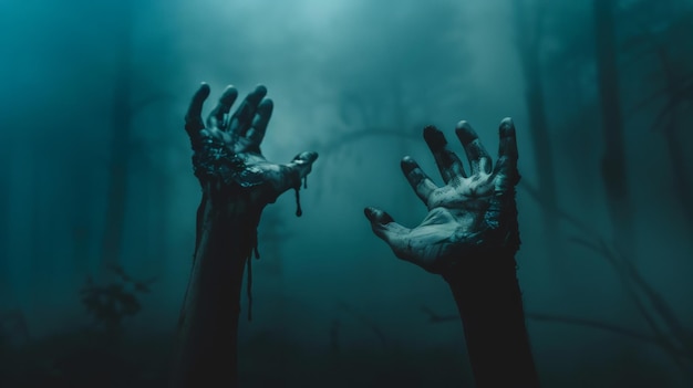 A pair of decaying zombie hands rise from a misty ethereal swamp The hands are dripping with a dark viscous liquid creating a chilling and evocative image