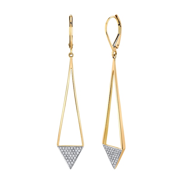 A pair of diamond earrings with a gold finish.