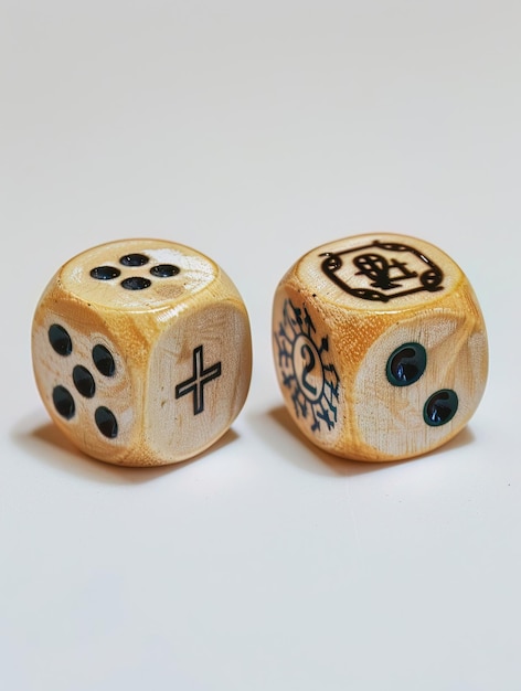 A pair of dice with unique symbols representing the risk and chance elements in innovative leadership