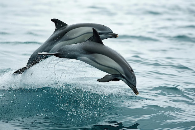 Pair Of Dolphins Leaping Gracefully In The Ocean