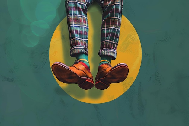 Photo pair of dress shoes and plaid pants with colorful socks in air