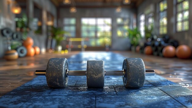 a pair of dumbbells are on a table in a gym