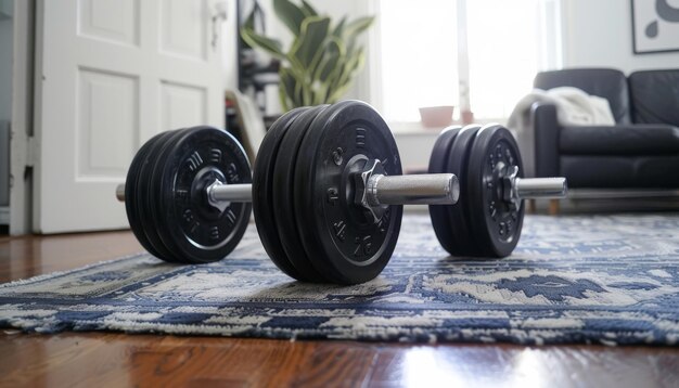 Photo a pair of dumbbells resting on a blue patterned rug in a home