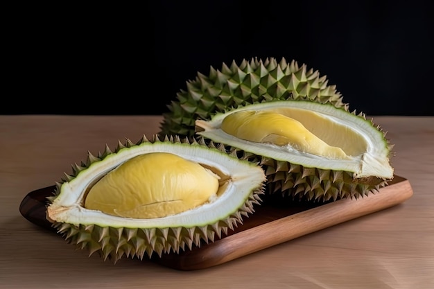 A pair of durian fruit on a wooden board.