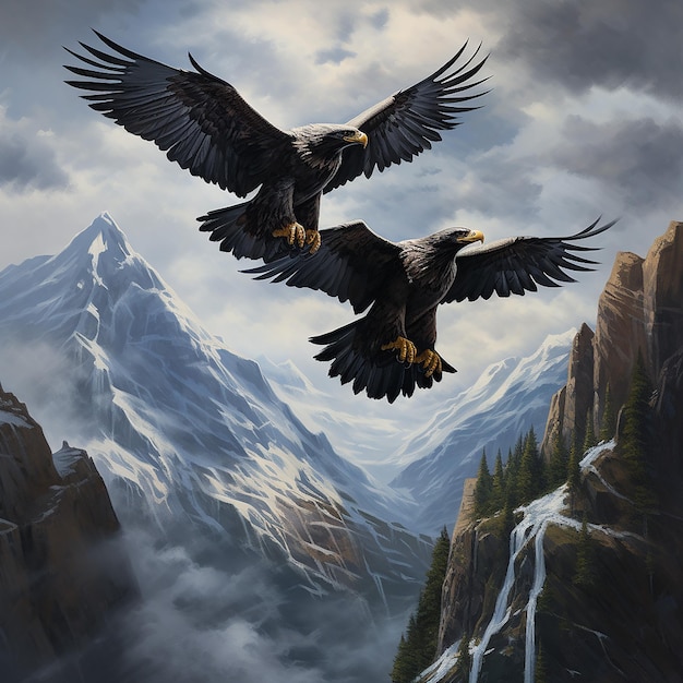 Pair of eagles soaring high against snowy peaks