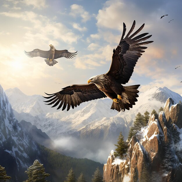 Pair of eagles soaring high against snowy peaks