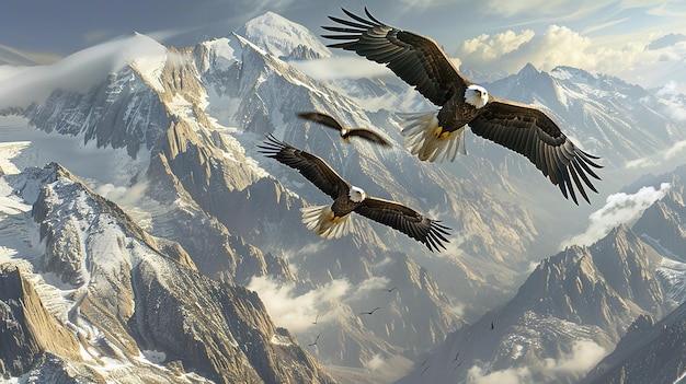 Pair of eagles soaring over mountain range in 169 format