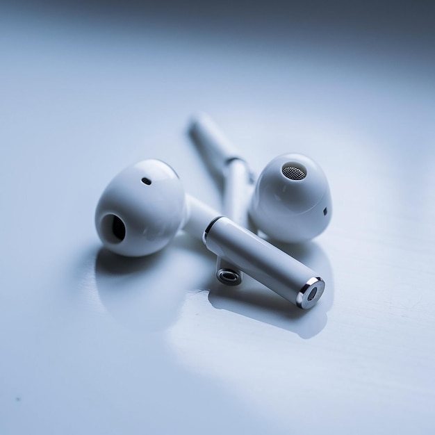 Photo a pair of earbuds laying on a table with one earphone laying on it