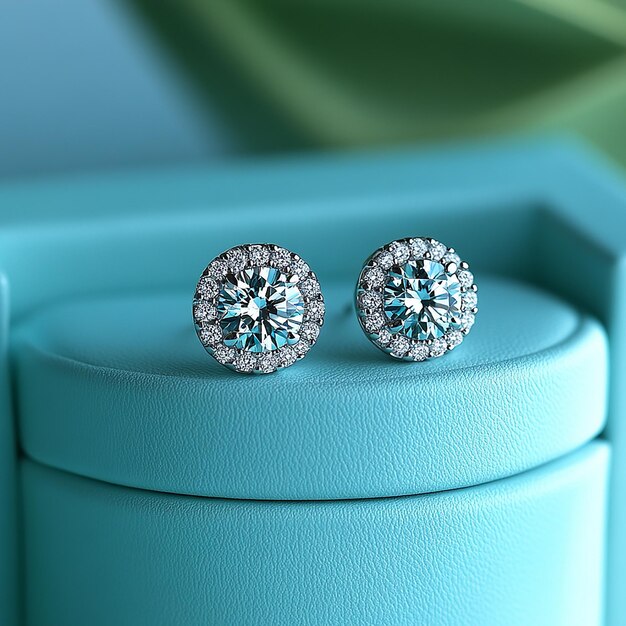 Photo a pair of earrings with diamonds on them and a blue box with a green background