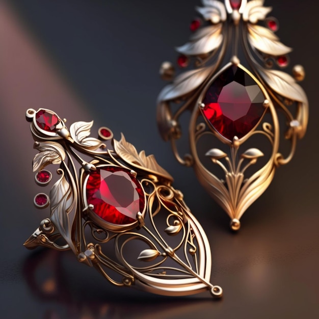 A pair of earrings with red gems and leaves