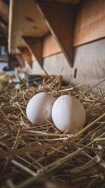 Photo pair of eggs on hay in farm