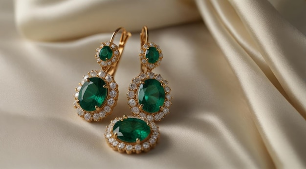 a pair of emerald and diamond earrings