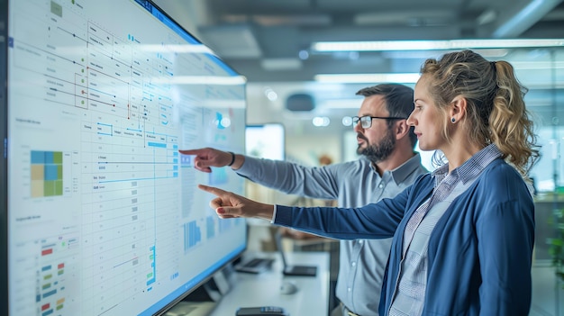 A pair of executives reviewing a detailed project timeline on a large digital whiteboard