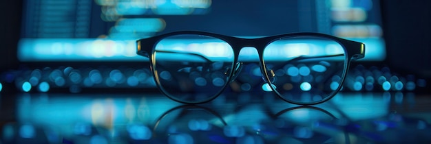 A pair of eyeglasses rest on a computer keyboard with the blue glow of the screen reflecting in the lenses Generative AI