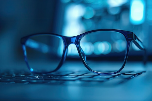 A pair of eyeglasses rest on a keyboard with a blurred computer screen behind them Generative AI