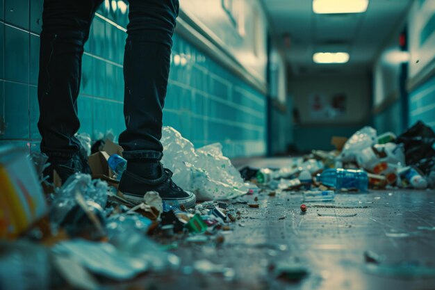 Photo a pair of feet standing in a hallway covered in trash