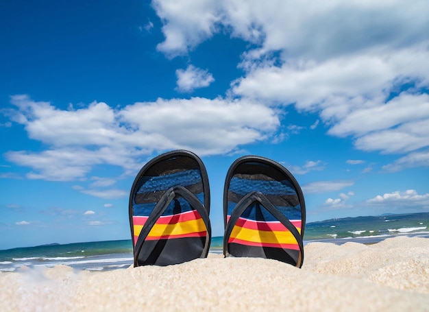 A pair of flip flops are on the beach with the sky in the background.