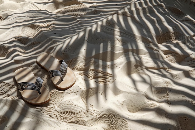 A pair of flip flops is laying on the sand