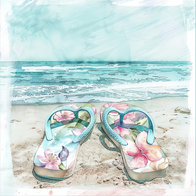 A pair of flipflops with floral patterns on a sandy beach with the sea in the background