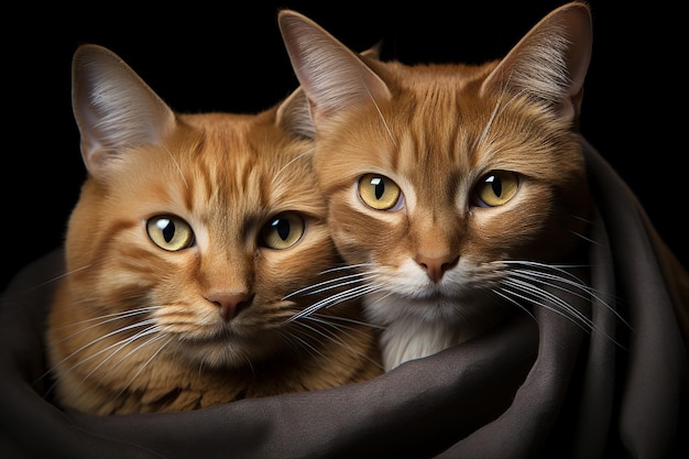 Pair of fluffy ginger cats sitting close to each other on dark background