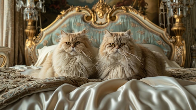 A pair of fluffy Persian cats sitting regally on a luxurious bed with a velvet blanket in a room with elegant classic decor