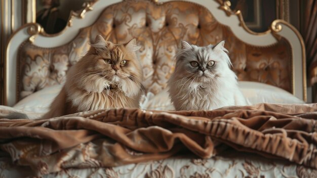 A pair of fluffy Persian cats sitting regally on a luxurious bed with a velvet blanket in a room with elegant classic decor