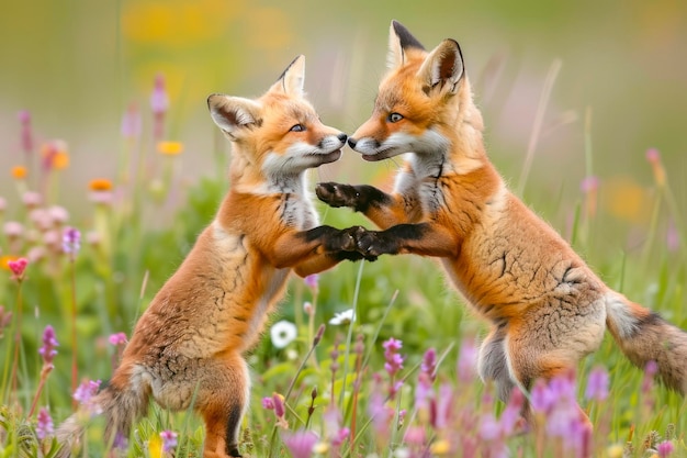 Photo a pair of fox kits playfully tumble in a field of wildflowers